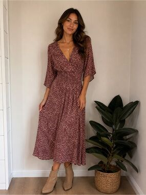 Garnet Hill Brown Faux Wrap Midi Dress | Size XS | TENCEL™ Lyocell Blend